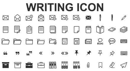 Set of icons and symbols of mail, letters, files, documents, archive, books and blog. Stationery and writing items. Quote mark and bookmark.