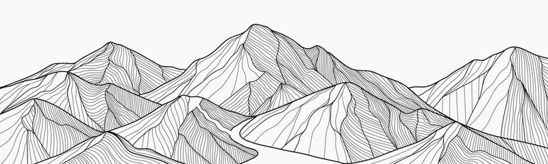 Black and white mountain line arts wallpaper, luxury landscape background design for cover, invitation background, packaging design, fabric, and print. Vector illustration. © TWINS DESIGN STUDIO