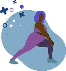 Vector illustration. Cute woman doing yoga. Yoga classes. African woman practicing yoga. plus size woman. black girl doing yoga.