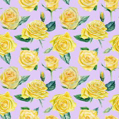 Seamless pattern. Flowers roses and leaves purple background. Watercolor illustration