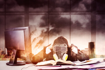 Afraid businessman wear gas mask with polluted city