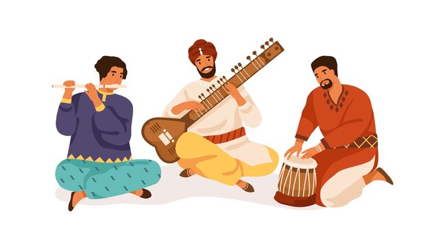 Indian street musicians playing traditional folk music on national instruments. Men in ethnic clothes performing on sitar, bansuri and drum. Flat vector illustration isolated on white background
