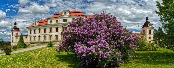 Fototapeta na wymiar Panorama of baroque palace “Rychnov nad Kneznou” in Czech Republic Europe with lilac flower