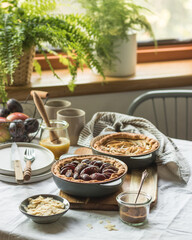 Plum and apple tart on the kitchen on the table with linen tablecloth, summer tart