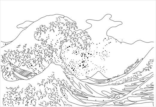 "The Great Wave in Kanagawa", also known as the Great Wave. Black and white drawing