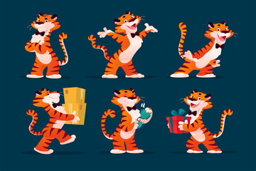 Vector collection of happy tiger character smile and greeting, deliver packages, drink coffee, carry gift box isolated. Cartoon flat illustration. For company mascot, advertising, banners, calendar.