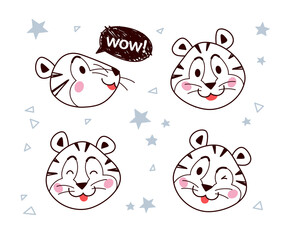 Vector collection of happy little tiger character outline portraits, smile, with speech bubble and wink isolated. Hand drawn doodle illustration. For children prints, cards, baby shower, banners, logo