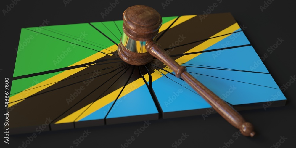 Poster judge's gavel and broken block with flag of tanzania. conceptual 3d rendering