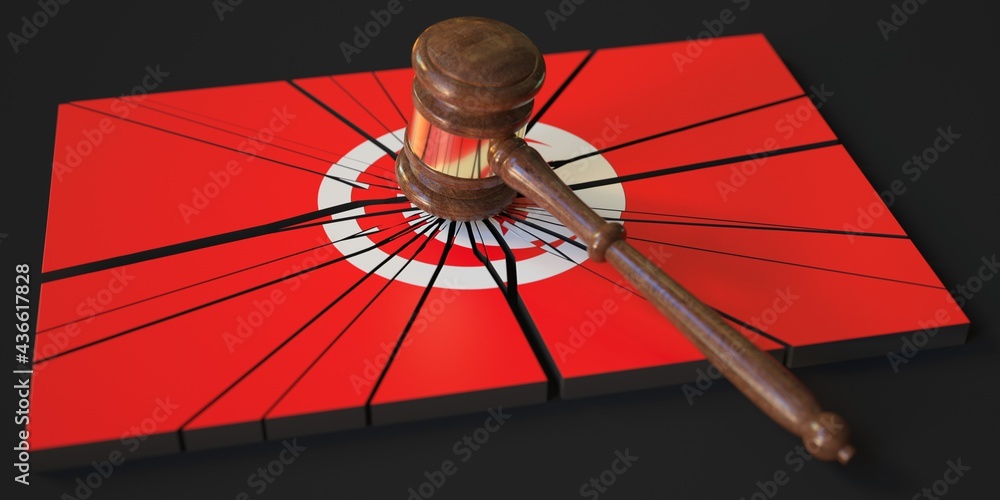 Poster judge's gavel and broken block with flag of tunisia. conceptual 3d rendering