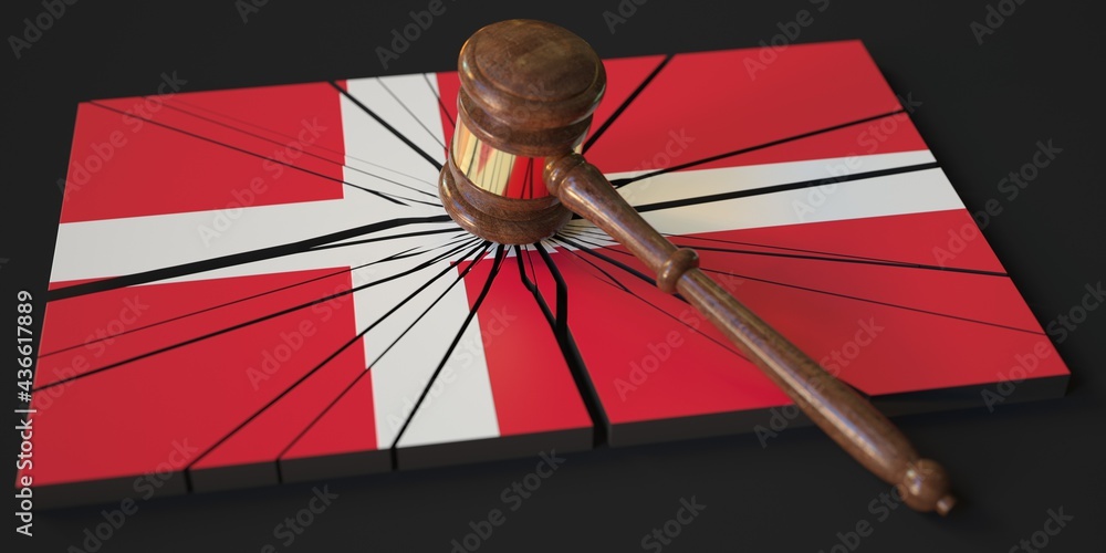 Poster judge's gavel and broken block with flag of denmark. conceptual 3d rendering