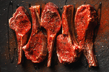 Marinated meat - raw steak beef with olive oil, herbs, red peppers