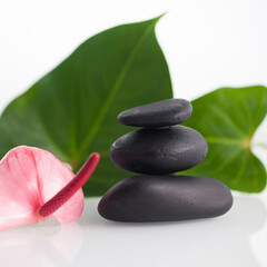 Zen concept balancing dark stones on mirrored background