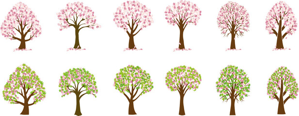 Set of spring trees in bloom. Vector illustration.