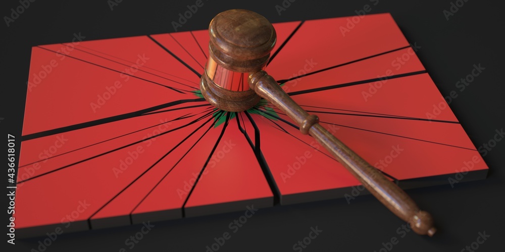 Poster broken block with flag of morocco and judge's gavel. conceptual 3d rendering
