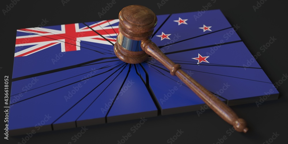 Aufkleber judge's gavel and broken block with flag of new zealand. conceptual 3d rendering