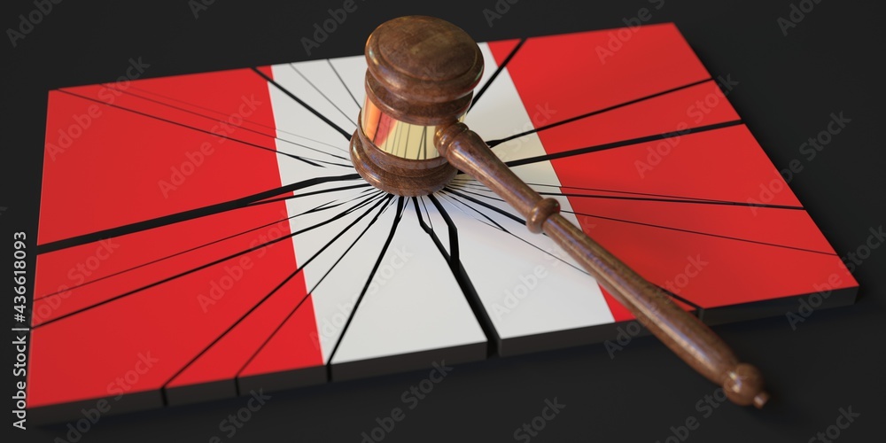 Poster broken block with flag of peru and judge's gavel. conceptual 3d rendering