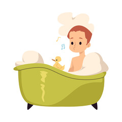 Child cartoon character washing in bathroom flat vector illustration isolated.