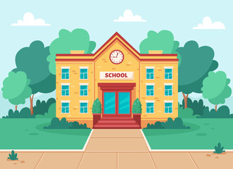School building, educational institution with front  yard, trees and grass lawn. Vector illustration