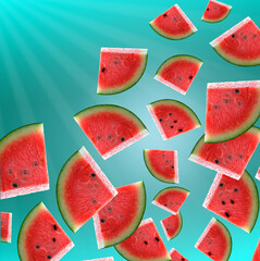 Watermelon. A composition of sliced watermelon slices on a colored background, a banner, a postcard.