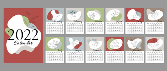 Abstract calendar for 2022 in vertical A4 format. Calendar for 2022 by months with a cover, with trending color spots and line plants. Week starts on Monday.