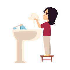 Girl with soap foam next to bathroom sink, flat vector illustration isolated.