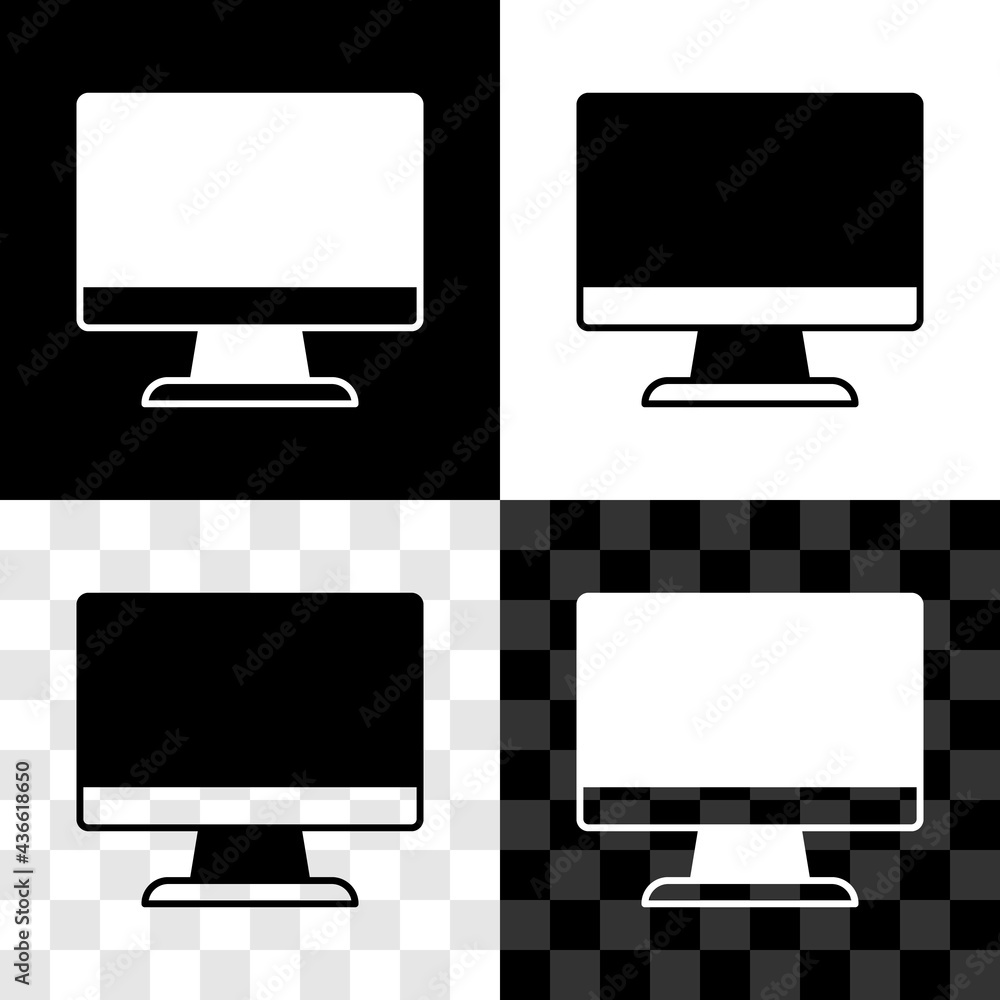 Poster set computer monitor screen icon isolated on black and white, transparent background. electronic dev
