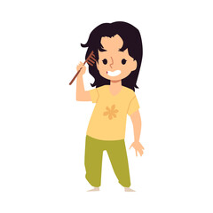 Fototapeta premium Child girl cartoon character brushing hair, flat vector illustration isolated.