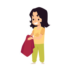 Child wipes hands with towel after washing, flat vector illustration isolated.