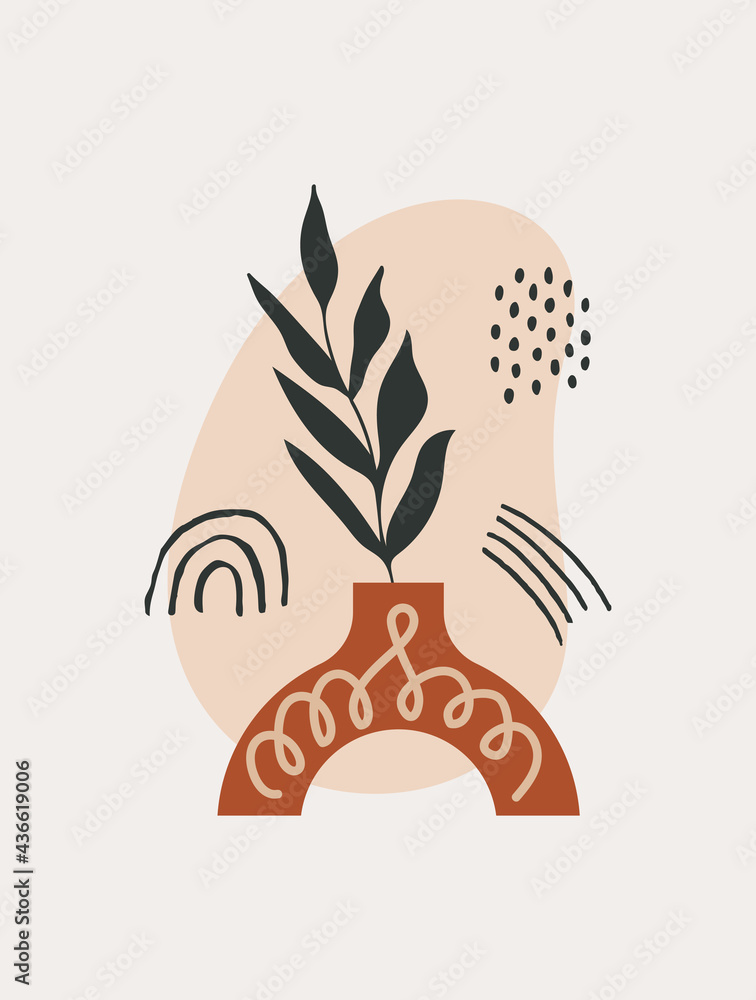 Poster modern abstract tropical wall art with various shapes, plant and doodle objects on pastel background