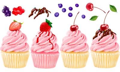 イチゴとチェリーののったかわいいカップケーキセットイラスト