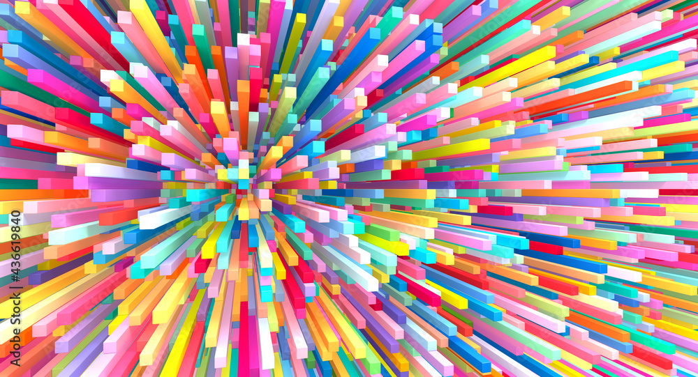Poster many multi-colored matte cubes in the form of an uneven spread