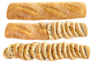 Crusty Ciabatta Bread with Slices isolated on white Background - Panorama.