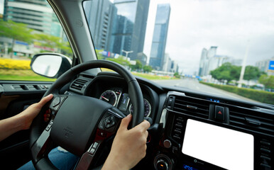 Driving car on city street
