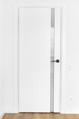 Full lengh photo of modern white door with anthracite door handle. Scandinavian style.