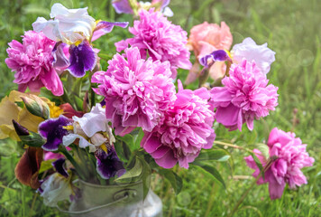 Fototapeta na wymiar Bouquet of bright pink peonies against the background of a green spring garden
