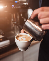 Professional barista makes cappuccino - morning in a coffee shop