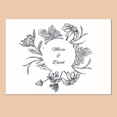 Floral vector design of invitation card, rose flowers, sketch. Hand drawn frame, wreath