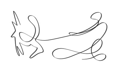 Abstract and conceptual artistic one line sketch of a man with a dog on leash. Dog leads man pulls. Outdoor walk. Black continues line on white. Cute and funny cartoon. Expressive curious dog pose.