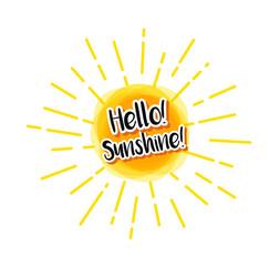 Sun with text Hello Sunshine and linear rays. Yellow Cute sun flat style.