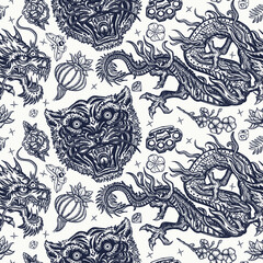 Dragons and tigers. Japan yakuza art style. Old school tattoo. Asian wild cats heads. Traditional tattooing background. Japanese seamless pattern