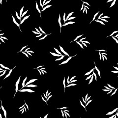 Black and white leaf pattern. Seamless pattern of white leaves on a black background. Floral digital paper in a minimalistic Scandinavian style