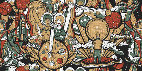 Astronaut, spacecraft, scientists and dreamer. Space program of America and China. Retro Soviet Union mosaic background. Universe and people. Seamless pattern. Multicultural study of deep space