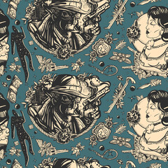 Retro movie. Detective smoking cigar, crime scene, chalk outline of dead body, fashion woman. Noir film background. Dark city seamless pattern. Murder and investigation