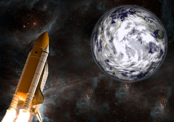 Rocket and earth. Galaxy and stars. The elements of this image furnished by NASA.