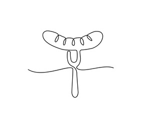 Continuous line drawing of sausage with fork at bbq party vector illustration. Knife hand drawn minimalism style.