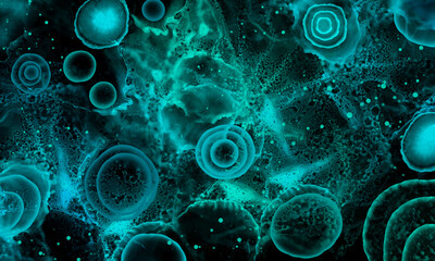 X-ray alcohol ink. Teal green microscopy universe geodesy pattern with space effect. Turquoise alcohol ink abstract background.Creative modern background in trendy colors.