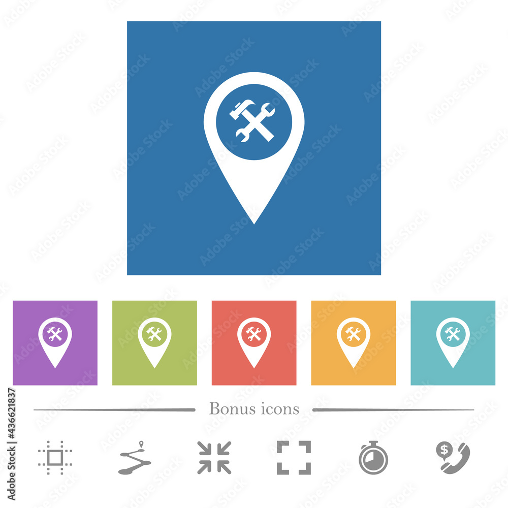 Poster workshop service gps map location flat white icons in square backgrounds