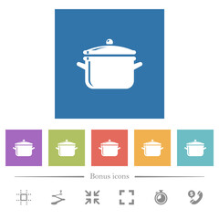 Glossy pot with lid flat white icons in square backgrounds