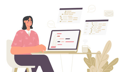 Girl programmer working on web on a laptop. The concept of coding and writing a script. Flat trend vector illustration