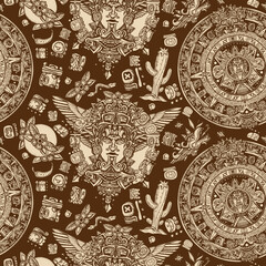 Mexican mesoamerican culture. Aztec sun stone, golden totem and mayan glyphs seamless pattern. Ancient Maya Civilization background